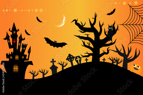 Halloween background copyspace, mysterious landscape Tombstone graveyard,cartoon witch house,Haunted house, Pumpkins oWl and bats.Spooky Horor Cartoon Scene.