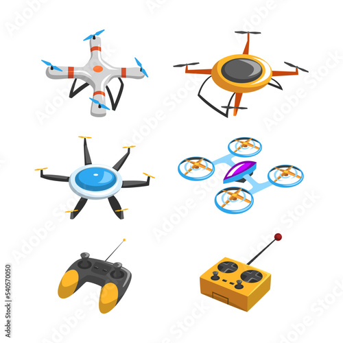 Drones with Controller as Unmanned Aircraft Isometric Vector Set