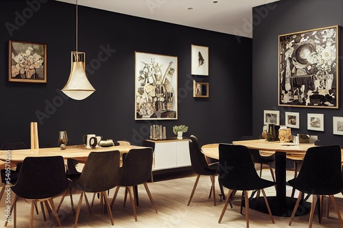 Stylish dining room interior with design wooden family table, black chairs, teapot with mug, mock up art paintings on the wall and elegant accessories in modern home decor. Template.