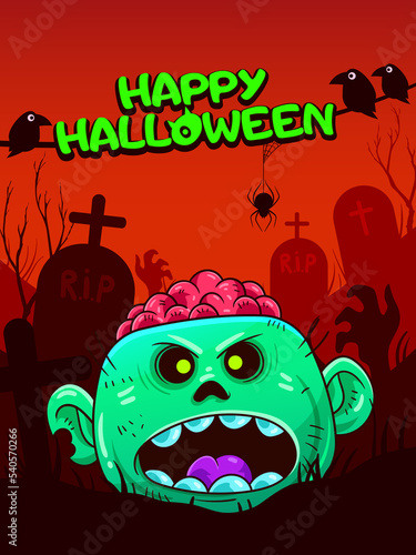 zombie style vector illustration for halloween with orange background and graves (ID: 540570266)