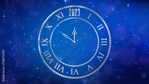 New Year 2023 background with clock. Vector illustration.