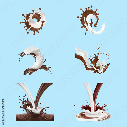 Set vector 3D illustrations, splashes and drops of melted dark chocolate and milk, dynamic splashes of hot coffee and milk flow mixed. Print, template, design element for packaging, advertising
