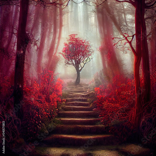 fantasy forest with flowers and fairies photo