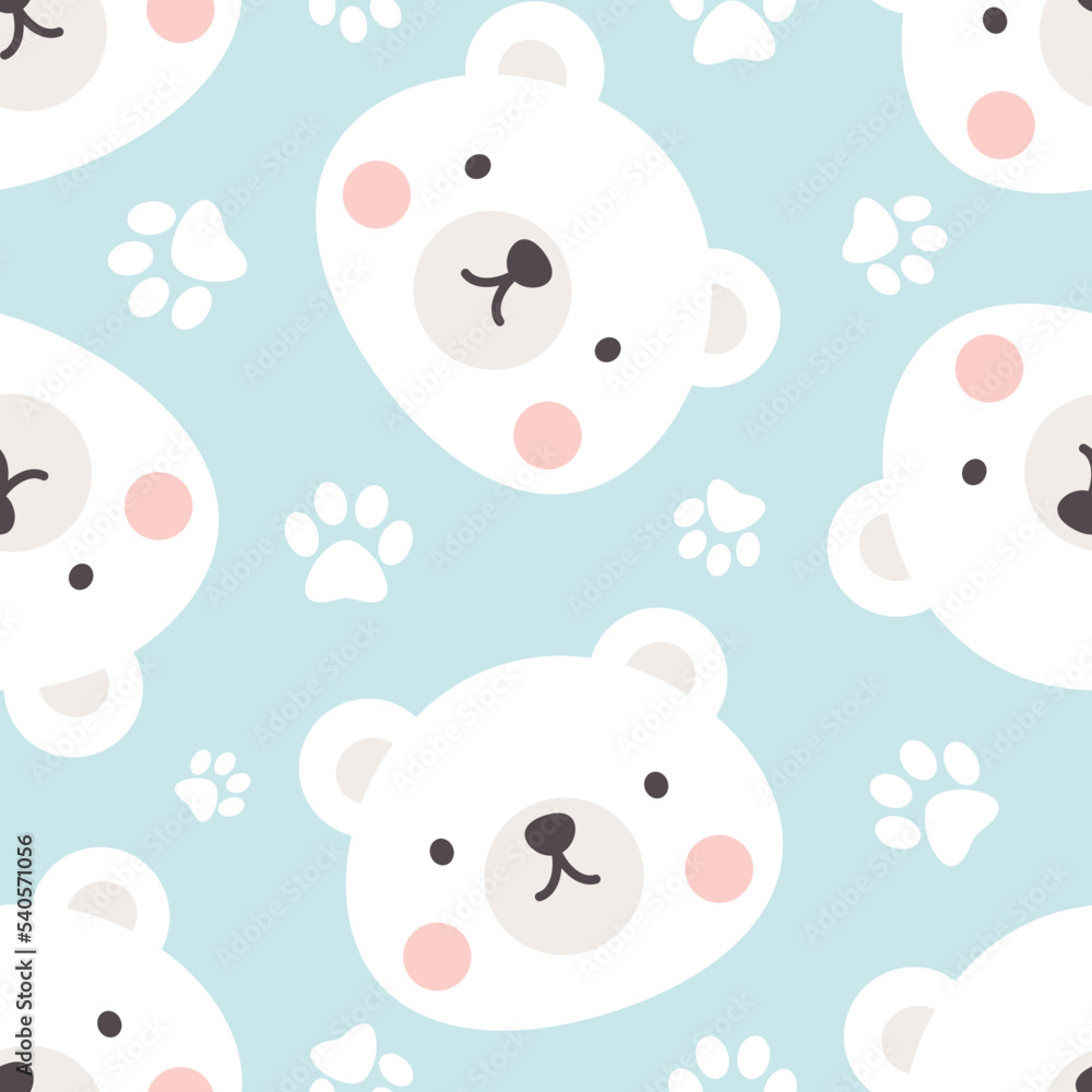 Polar bear cute face with footprints texture, kids baby blue color woodland animals seamless pattern for wrapping paper, fabric and textile print.