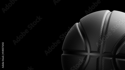 Black metallic basketball with dots under black-white lighting background. Concept 3D CG of propaganda for the team, advertisement for the league finals and the fruits of the players' efforts.