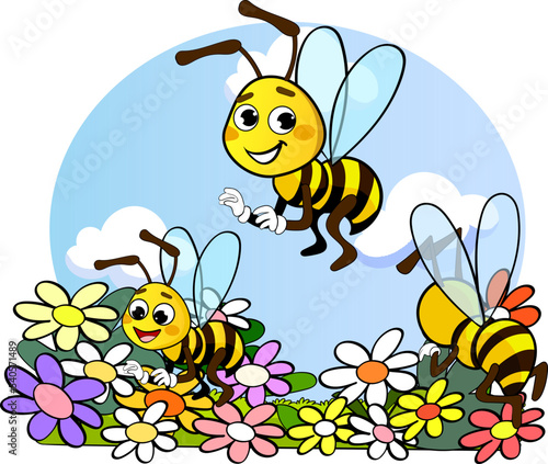 cute bees collect honey from flowers