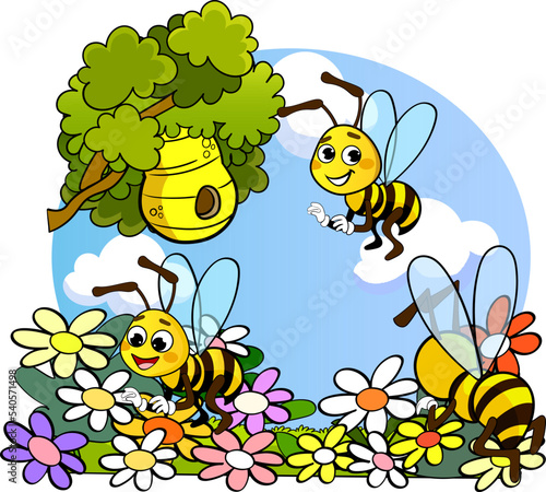 cute bees flying around the beehive