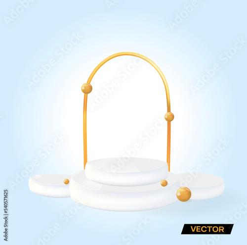 Golden arch with balloons over a white podium. For your product presentations or discounts. High quality 3D vector graphics