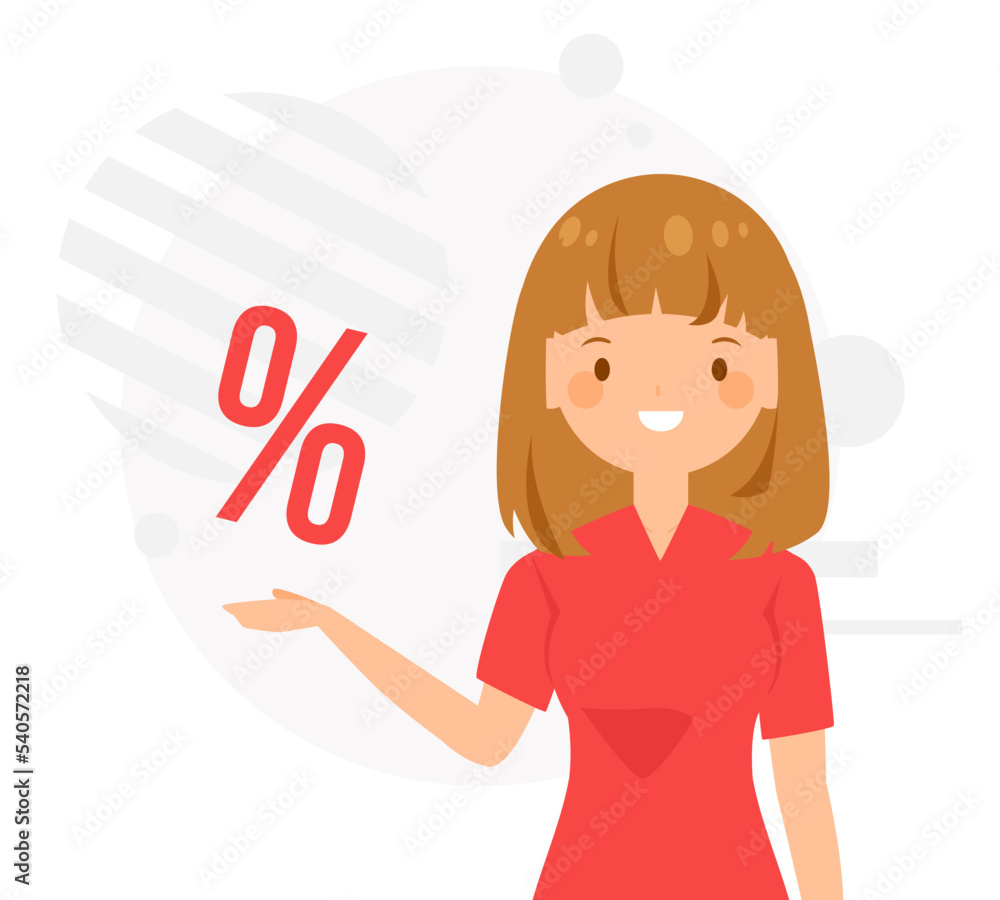 Sale banner. Young woman showing percent sign. Sale banner. Young woman showing percent sign.