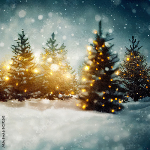 Blurred Christmas trees in the forest 3d illustration