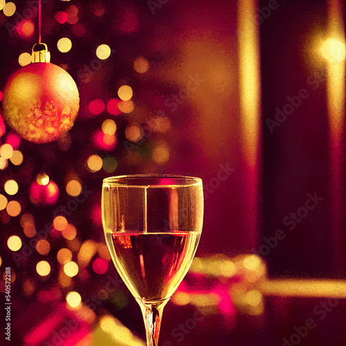 Glasses with champagne on the background of Christmas decorations. Blurred 3d illustration