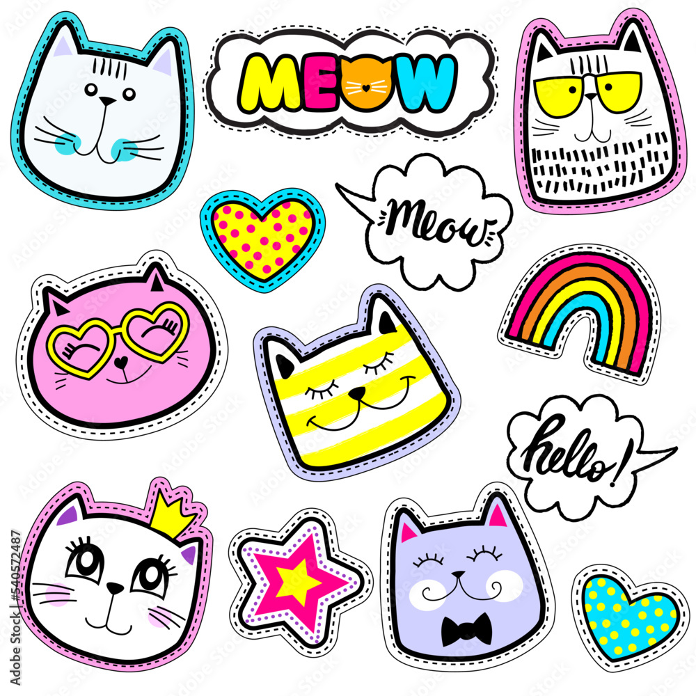 Set of cute stickers and different elements with cat and heart. Girlish stickers in bright colors on white background. Fashion patch, badges in cartoon style.