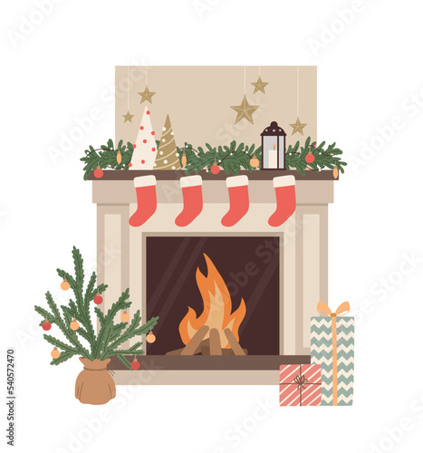 Cozy Christmas fireplace with christmas tree, wreath, socks, candle, gift boxes. Home winter holiday decoration. New year and Xmas celebration. Flat vector illustrations