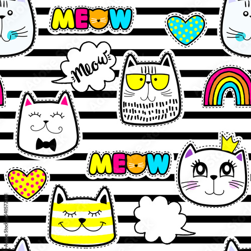 Fashion patch badges in sketch comics style. Abstract seamless pattern. Stickers cats on repeated stripes background.