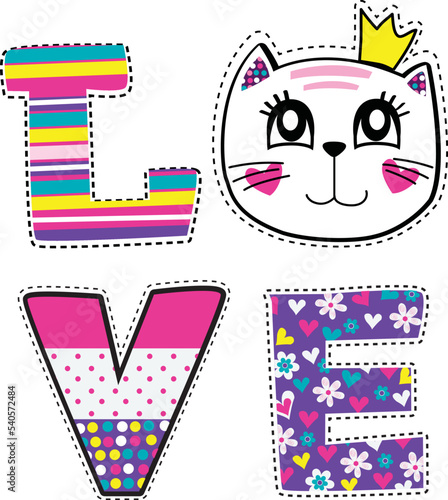 Abstract drawing for t-shirts with Cute cat and words LOVE. Fashion print drawing in cartoon style.
