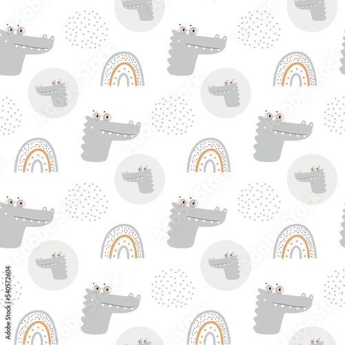 Kids vector cartoon nursery seamless pattern with abstract shapes and points doodle  crocodile head and rainbows colorful grey background