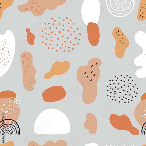 Kids vector cartoon nursery seamless pattern with abstract shapes and points doodle colorful grey background