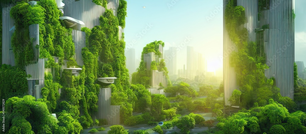 Future green city with vertical gardens growing on skyscraper building ...