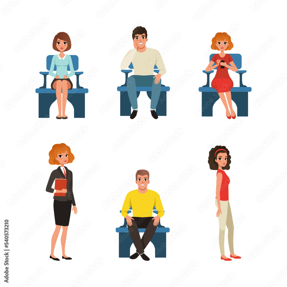 People Characters Sitting and Standing in Queue Vector Set People Characters Sitting and Standing in Queue Vector Set