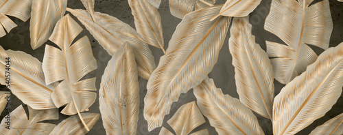 Luxury dark art background with abstract pattern of feathers or leaves in golden line style. Hand drawn vector banner for wallpaper design, print, decor, testille, packaging, interior design.