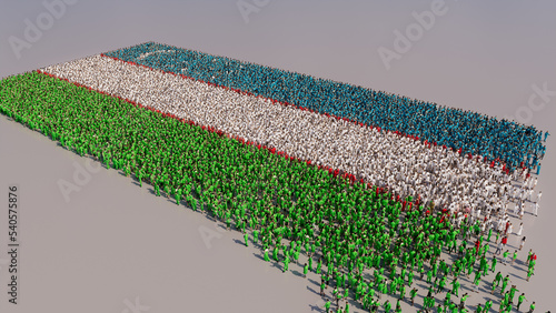 A Crowd of People congregating to form the Flag of Uzbekistan. Uzbekistani Banner on White.
