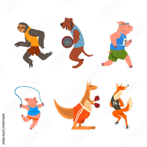 Wild Animal Characters Doing Sport Running, Lifting Heavy Barbell, Boxing, Skipping Rope and Ice Skating Vector Set