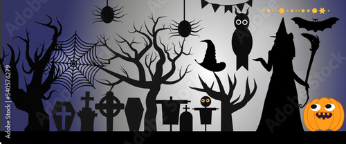 Halloween All Design Element Package. Halloween background copyspace, mysterious landscape Tombstone graveyard,cartoon witch house,Haunted house, Pumpkins oWl and bats.Spooky Horor Cartoon Scene.