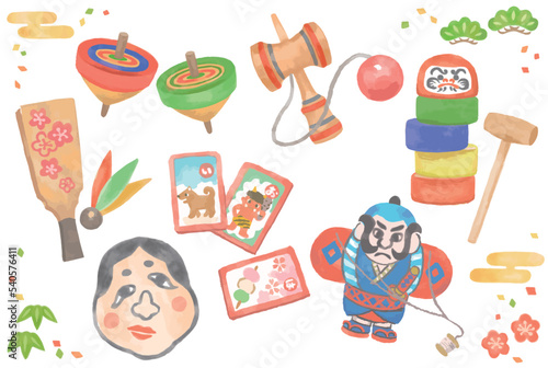 水彩風、お正月の遊び。ベクターイラスト素材。年賀状などに。
