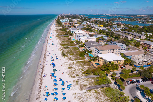 Florida. Indian Rocks Beach Florida. Ocean beach, Hotels and Resorts. Turquoise color of salt water. American shore. Gulf of Mexico. Tampa, St. Petersburg, Clearwater FL. Summer or Autumn vacation.