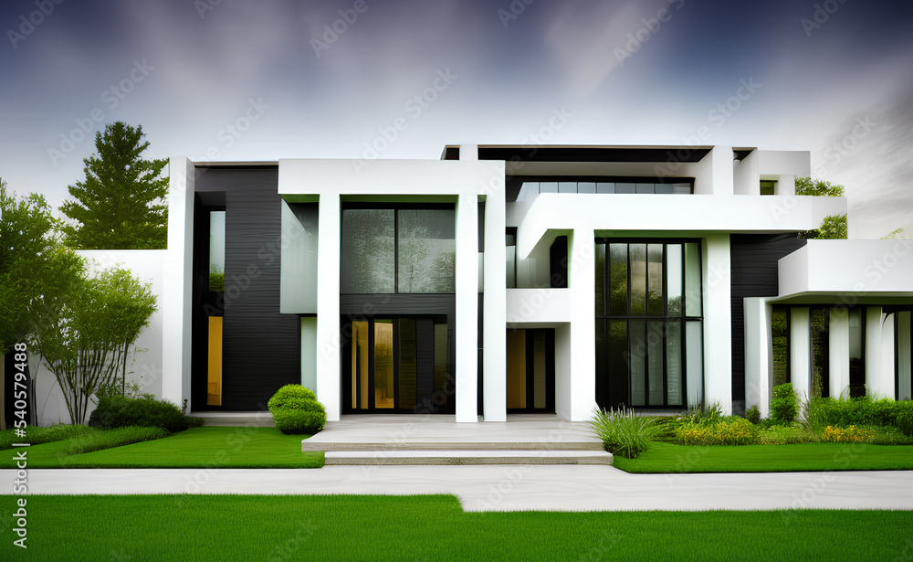 Elegant, modern and luxury house exterior design concept in white color. 3D rendering Elegant, modern and luxury house exterior design concept in white color. 3D rendering