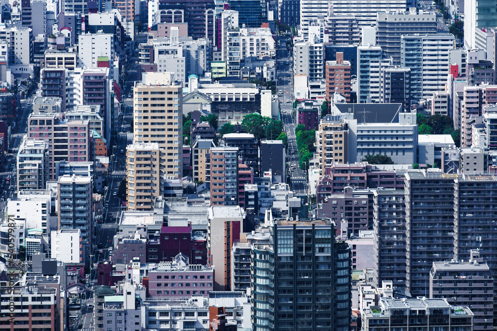 Obraz premium 高層ビルの上から見える大阪の街並み