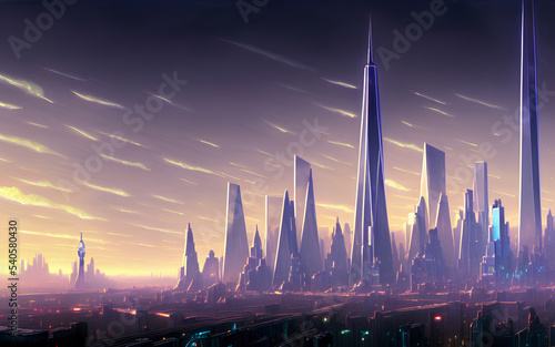 Fotografiet Futuristic night time cyberpunk city skyline cityscape