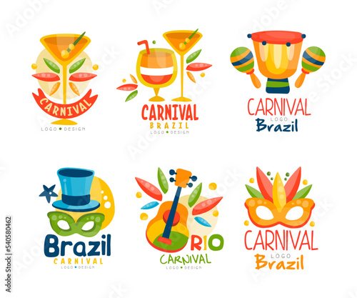 Brazil and Rio Carnival Logo Design with Bright Masquerade Feather Mask, Drum and Maracas Vector Set