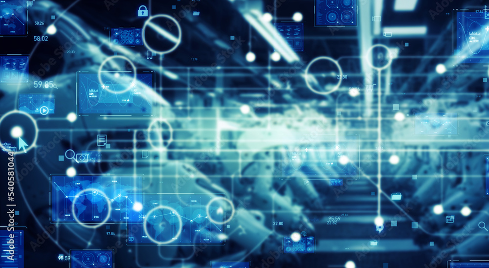 Futuristic factory with robot arms and communication network concept. Factory automation. IIoT. Futuristic factory with robot arms and communication network concept. Factory automation. IIoT.