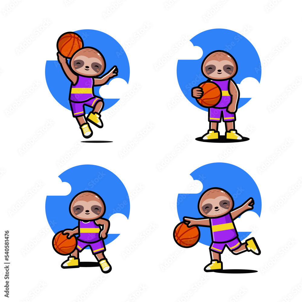 Set of happy cute sloth playing basketball