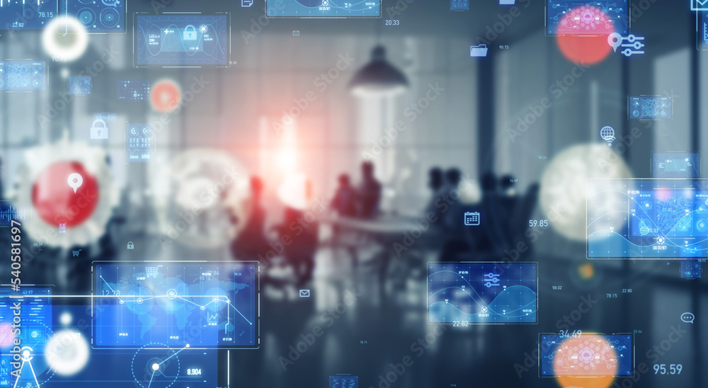 Group of people working in office and software interface. Group of people working in office and software interface.