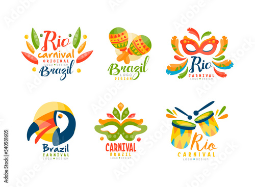 Brazil and Rio Carnival Logo Design with Bright Masquerade Feather Mask, Drum and Maracas Vector Set