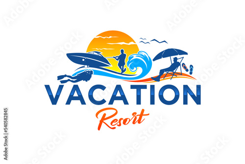 Waterskiing boat logo design beach vacation water sport action icon symbol sunset illustration
