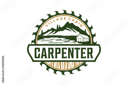 Carpenter woodwork logo design circular saw mountain lake illustration with barn house icon symbol