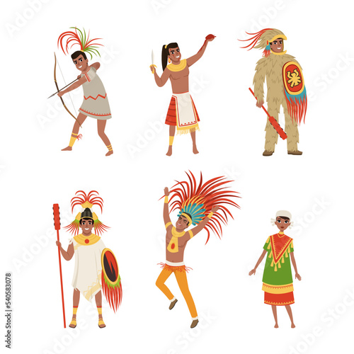 Aztec Man Warriors in Traditional Clothes and Feathered Headgear with Weapon and Shield Vector Set