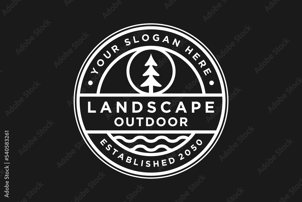 Landscape outdoor logo design pine tree icon symbol rounded shape typography line style Landscape outdoor logo design pine tree icon symbol rounded shape typography line style