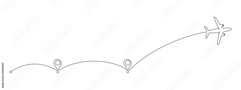Airplane path and point in One Continuous line drawing. Business Concept of world travel and international flight airline with road in simple linear style. Editable stroke. Doodle Vector illustration Airplane path and point in One Continuous line drawing. Business Concept of world travel and international flight airline with road in simple linear style. Editable stroke. Doodle Vector illustration