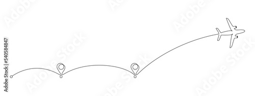 Airplane path and point in One Continuous line drawing. Business Concept of world travel and international flight airline with road in simple linear style. Editable stroke. Doodle Vector illustration