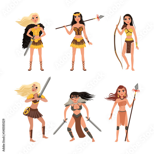 Beautiful Amazon Woman as Ancient Warriors Characters Fighting with Spears and Swords Vector Set