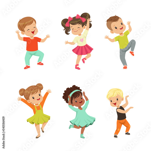 Little Boy and Girl Dancing and Moving to Music Vector Illustration Set
