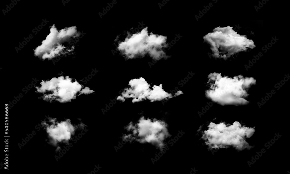 Clouds set isolated on black background. White cloudiness, mist or smog background. Design elements on the topic of the weather. White cloud collection. Clouds set isolated on black background. White cloudiness, mist or smog background. Design elements on the topic of the weather. White cloud collection.