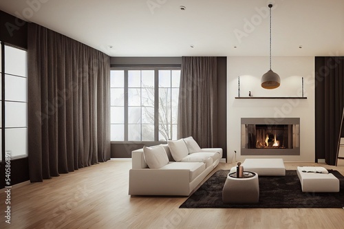 Cozy white living room interior with swings near fireplace  wall mockup  3d render