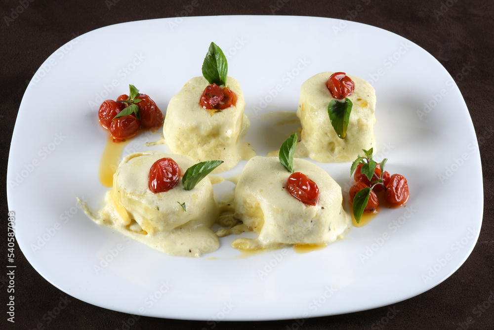 rondelli and cannelloni pasta in white sauce with parmesan cheese rondelli and cannelloni pasta in white sauce with parmesan cheese