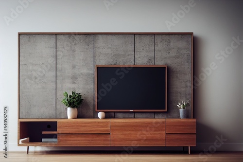 Wood cabinet for tv in living room interior wall mockup on concrete wall.3d rendering