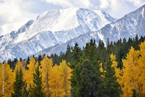 Autumn colors next to snowy mountain peaks